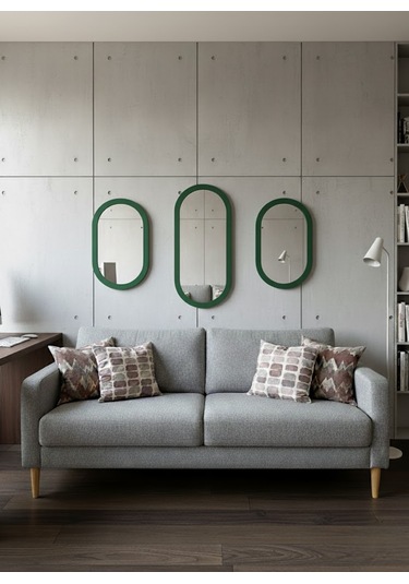 3 Lü Oval Duvar Aynası / Yeşil Dekor Oval Ayna -dekoratif Ayna Seti Yeşil