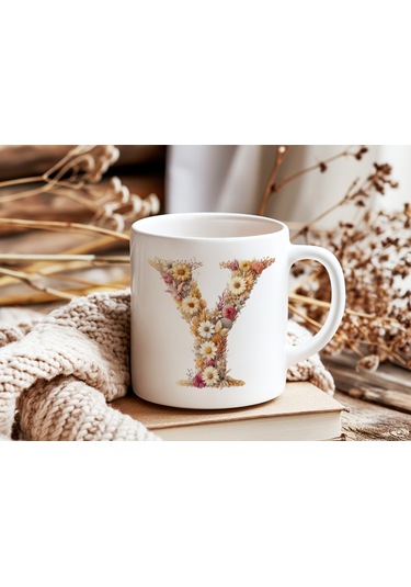Y Harfi Çiçek Desenli Kupa Bardak - Alfabe Harfleri İle Doğal Çiçekli Kupa - Hediye Fikir Beyaz