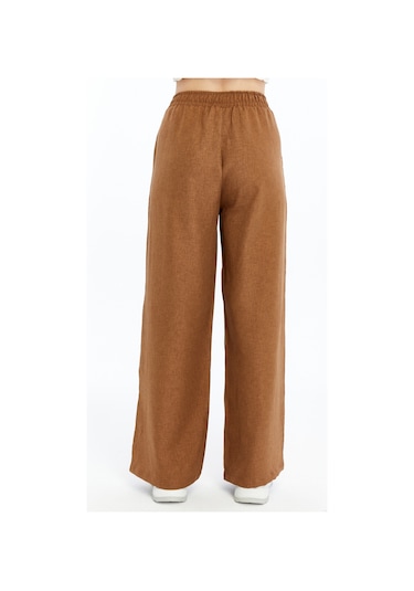 Genius Store Kadın Pantolon Keten Karışımlı Beli Lastikli Kırışmaz Kumaş Pantolon Keten-pantolon Kahverengi