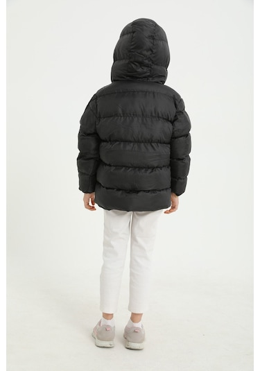 Kız Çocuk Siyah İçi Polarlı Kapüşonlu Su Geçirmez Rüzgara Dayanıklı Cepli Şişme Kışlık Mont Siyah