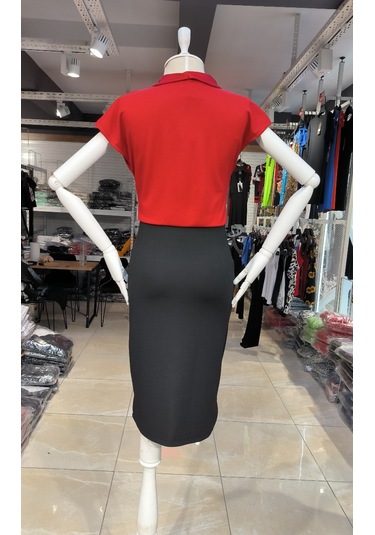 Kadın Kısa Kollu Kruvaze Yaka Krep Elbise Kemersiz Kırmızı