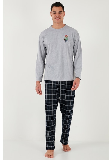 Buratti Ekoseli Regular Fit Yüksek Bel Cepli Bisiklet Yaka Erkek Pijama Takımı 6574002 Gri