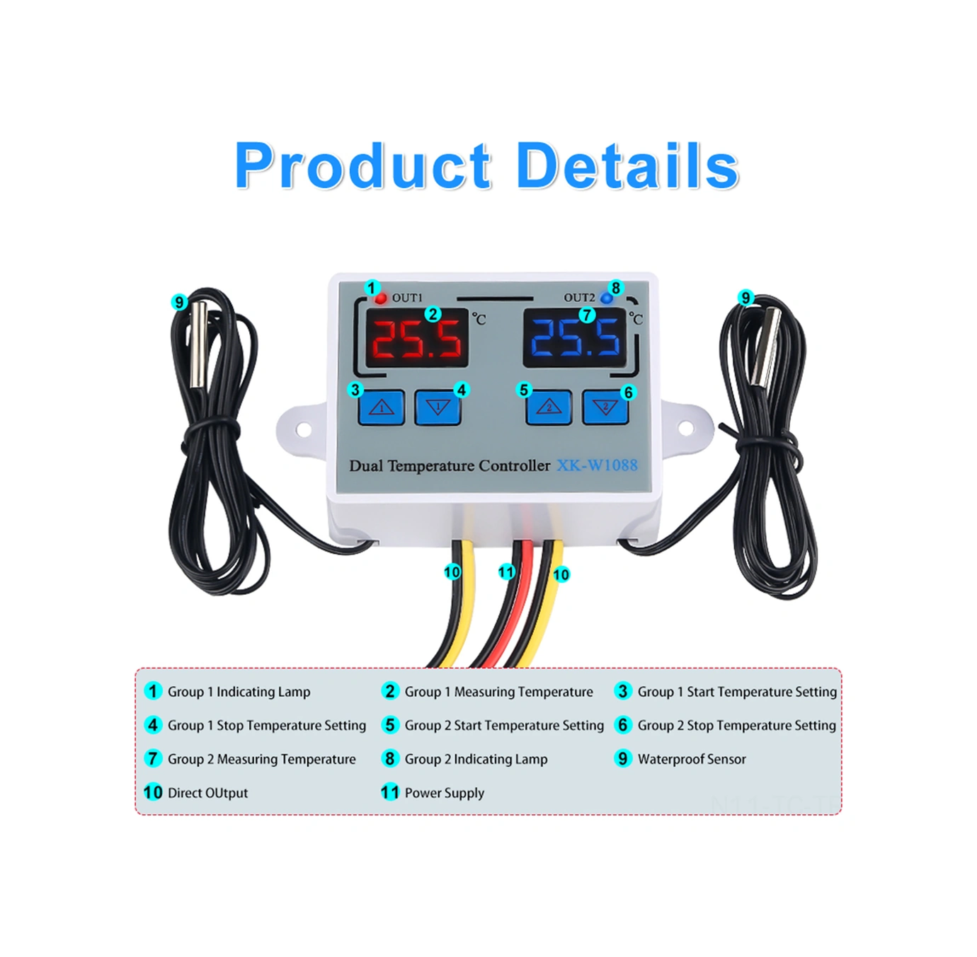 Skycity Xk-w1088 Akıllı Dijital Çift Kontrol Sıcaklık Regülatörü, Çift Ekranlı, Ayarlanabilir, Ac110-220v, 10a Röle, Su Geçirmez Sensörlü