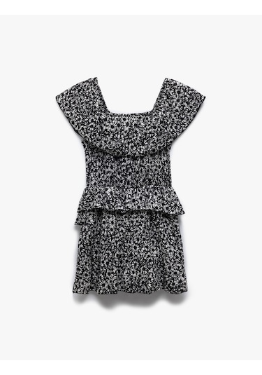 Koton Bürümcük Kayık Yaka Kolsuz Volanlı Katlı Çiçekli Mini Tulum Siyah Desenli 5sal40086ık Siyah Desenli Siyah