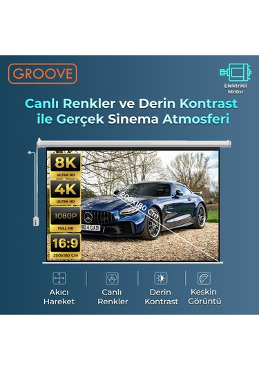 Groove Vizio Pro 200x180cm Blackout Işık Geçirmez Elektrikli Otomatik Kumandalı Projeksiyon Perdesi +motorlu+canlı Renkler+göz Koruması+leke Tutmaz Projector
