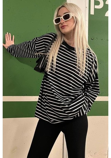 Siyah Çizgili Sweatshirt Mg2572 Siyah