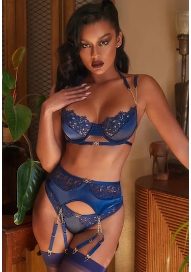 New Dreams Modern Şık Dikkat Çekici Saks Jartiyer Gecelik Kombin Set Siyah