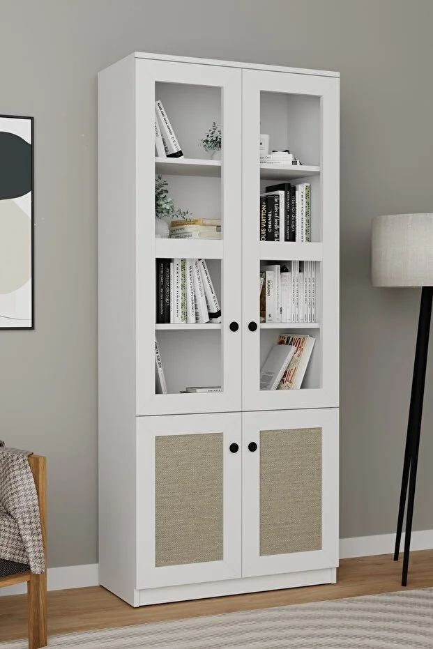 Lisa Kumaş Desenli 4 Kapaklı Beyaz Vitrin - Kitaplık Ve Çok Amaçlı Dolap Beyaz