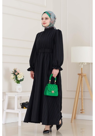 Kolu Volanlı Kemerli Henna Elbise-siyah-5060 Siyah