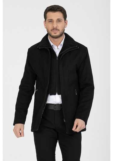 Erkek Siyah Yün Karışım Çift Yaka Kürklü Önü Fermuarlı Kaşe Kaban Siyah