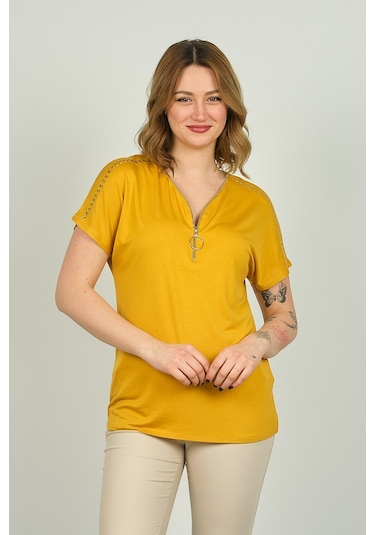 Ella Camelia Kadın Fermuarlı Kısa Kol Bluz 20e038 Hardal