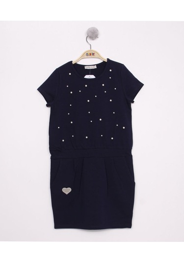 Kız Çocuk Pileli İncili Elbise Lacivert