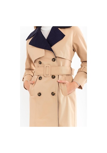Pastelastore Pamuk Gabardin Uzun Çift Renk Garnili Kadın Trençkot 1114 Açık Bej