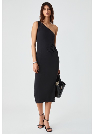 BERINS Kadın Asimetrik Yaka Regular Kolsuz Siyah Elbise