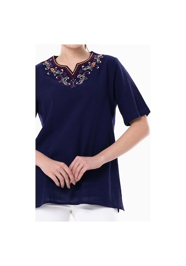 Kısa Kol Şile Bezi Gökkuşağı Nakış Detaylı Yazlık Bluz Mor Mor-mor Mor