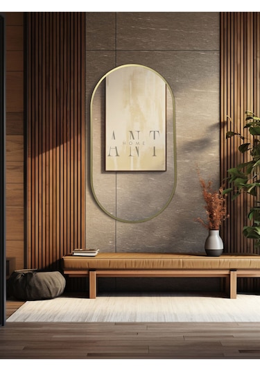 Dekoratif Ayna, Duvar Aynası, Konsol Aynası, Mdf, Elips Ayna, Çerçeveli Ayna 80x40 Cm 80 X 40 Gold