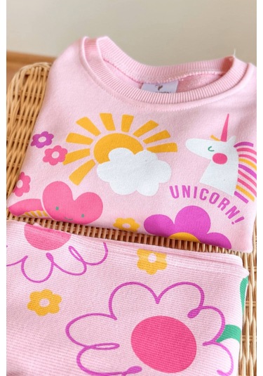 2-8 Unicorn Desenli İspanyol Taytlı Kız Çocuk Takım Pembe Pembe
