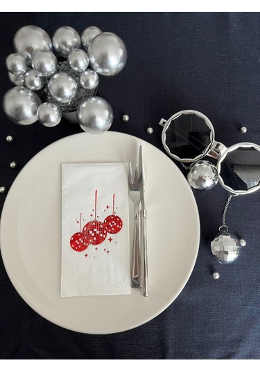 Kırmızı Yaldızlı Beyaz Disco Topu Peçete 16 Adet