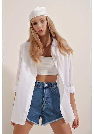 Bigdart 3900 Oversize Uzun Basic Kadın Gömlek Beyaz