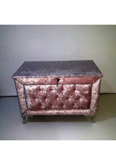 Çeyiz Sandık Kapitone Büyük Tekli Model Pembe Kadife Kumaş