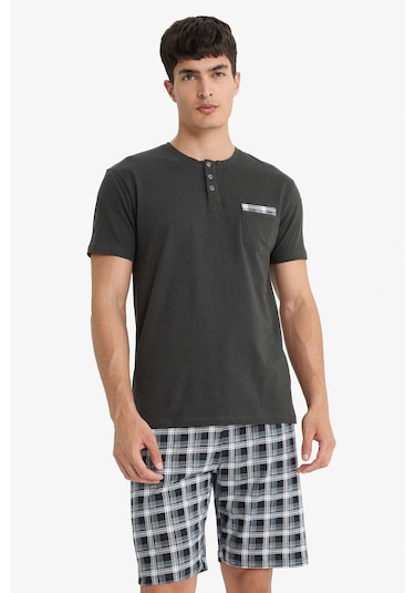 Defacto Pijama Takımı Regular Fit Kısa Kollu Üst Kareli Şort E7146ax25smar221 Antrasit