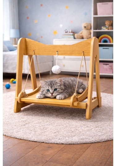 Ahşap Kedi Salıncağı & Oyun Platformu Ponponlu, Doğal Ahşap Oyuncak