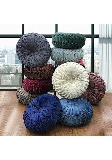 Yeşil Avrupa Lüks Kadife Atmak Yastık Minder Yuvarlak Kumaş El Yapımı Pileli Tekerlek Kabak Koltuk Minderi 35 Cm