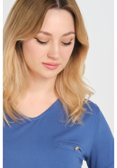 Sistas Kadın Kısa Kollu Süs Cep Detaylı Duble Kol Bluz 4110 Indigo Indigo