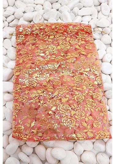 Desenli Kırmızı Renk 12 14 Cm Organze Tül Kese 100 Adet