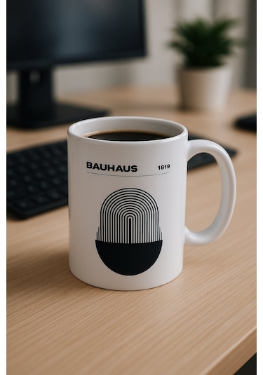 Bauhaus Esintisi Seramik Kupa Beyaz - Çok Renkli