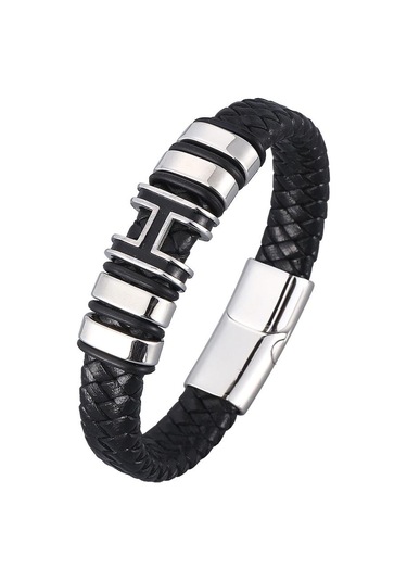 Vintage El Dokuması Çevre Dostu Deri Tokalı Bileklik Erkek Modası Dini Muska Takı Siyah