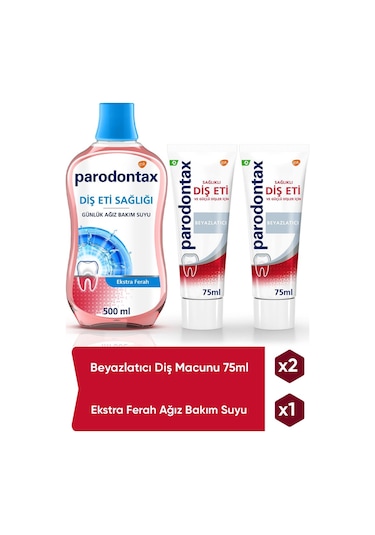 Parodontax Beyazlatıcı Diş Macunu 2 x 75 ML + Ekstra Ferah Ağız Bakım Suyu