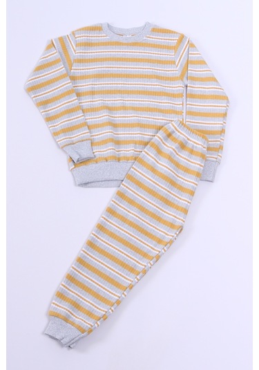Hçm Erkek Çocuk Pijama Takımı Çizgili Ribanalı A35 Sarı