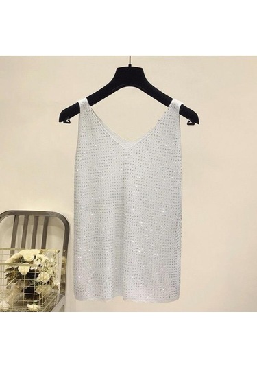 Kahve Kadın Buz Ipek Elmas Kaşkorse Kadın Gevşek Kısa Kolsuz Vahşi V Yaka Dibe Gömlek Tankı Yaz Camiş Ve Tank Üstleri