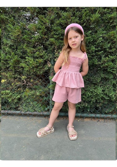 Müslin Kumaş Şortlu Kız Çocuk Takım Pudra