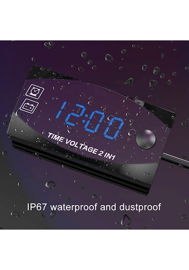 Motosiklet Çok Fonksiyonlu 2'si 1 Arada Dijital Ekran Voltmetre + Elektronik Saat, 6-30v Ip67 Açık Mavi