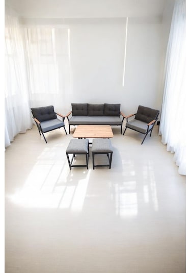 Pilocca Bahçe Balkon Mobilyası Gri Antrasit 3+1+1 Sehpa 2 Gri Puf Antrasit - Gri