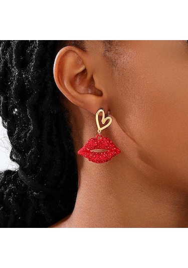 Kadınlar Bayanlar İçin Moda Seksi Ve Çekici Alev Kırmızısı Dudaklar Takı Seti Kırmızı