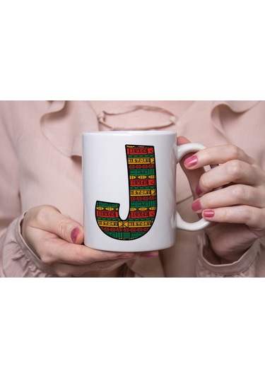 J Harfi Etnik Desenli Kupa - Afrika Tarzı Kahve Çay Kupası - Hediyelik - Black History Beyaz