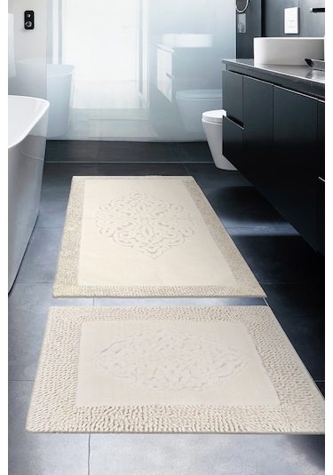 Tiffany 2'li Pamuklu Klozet Takımı, Krem Banyo Paspas Seti 60 x 100 / 50 x 60 CM Krem