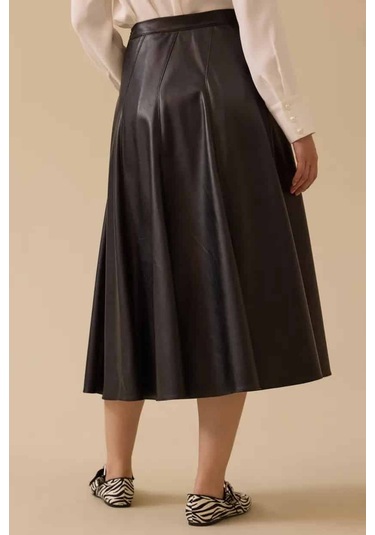 Kadın Suni Deri Kloş Etek - Siyah Siyah
