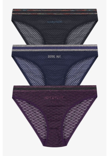 Kadın 3'lü Dantelli - Baskılı Külot 20820 Siyah - Lacivert - Mercan