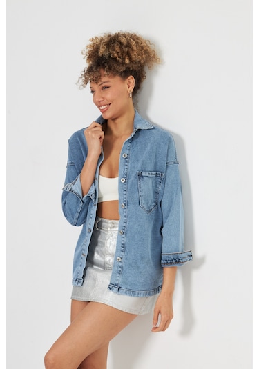 Kutaf Buz Mavi Çift Cep Detaylı Tam Kalıp Denim Gömlek Bebe Mavi