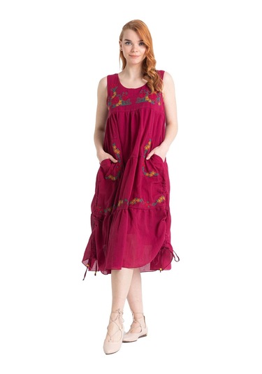 Kolsuz Vual Ahsen Nakışlı Midi Boy Elbise Bordo Brd-bordo