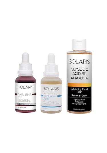 Solaris Cilt Tonu Eşitleyici Aha %10 Bha %2 Serum 30 ML + Hyaluronik Asit Serum 30 ML + Gözenek Sıkılaştırıcı Aha Bha Tonik 200 ML