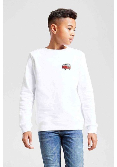 Tshirthane Araba Minibüs Kırmızı T2 Baskılı Unisex Çocuk Beyaz Sweatshirt Beyaz