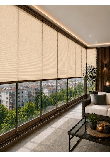 Plise Perde Krem Kumaş + Krem Profil Kasa Cam Balkon Perdesi