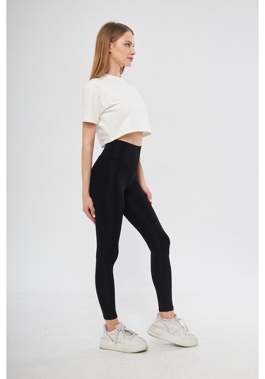 Caramel Yüksek Bel Toparlayıcı Dalgıç Kumaş Spor Günlük Tayt SiYAH