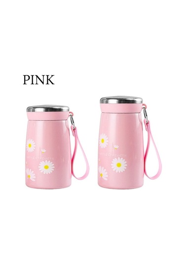 Shun Sevimli Papatya Desenli Paslanmaz Çelik Termos Bardak Dzcp-1 - Taşınabilir Mini Su Şişesi Pembe Pembe