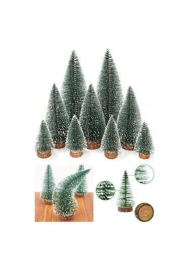 Yeni Yıl Dekoru Kar Efektli 9 Adet Yılbaşı Mini Çam Ağaçları Seti Doğal Ahşap Tabanlı 8 - 12 - 15 Cm Çok Renkli